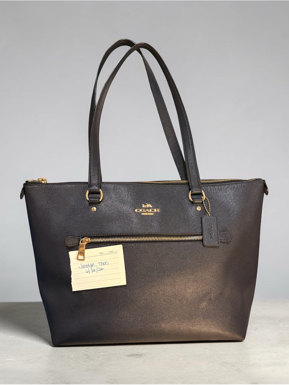 Coach Black/Navy Leather Gallery Tote with Brass Hardware